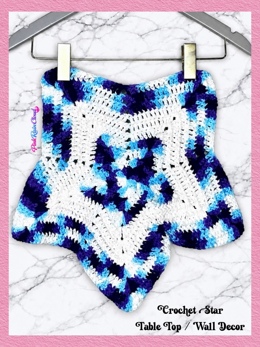 PinkRainCloud Handmade Crochet Star Wall Decor Blue White Accent Centerpiece